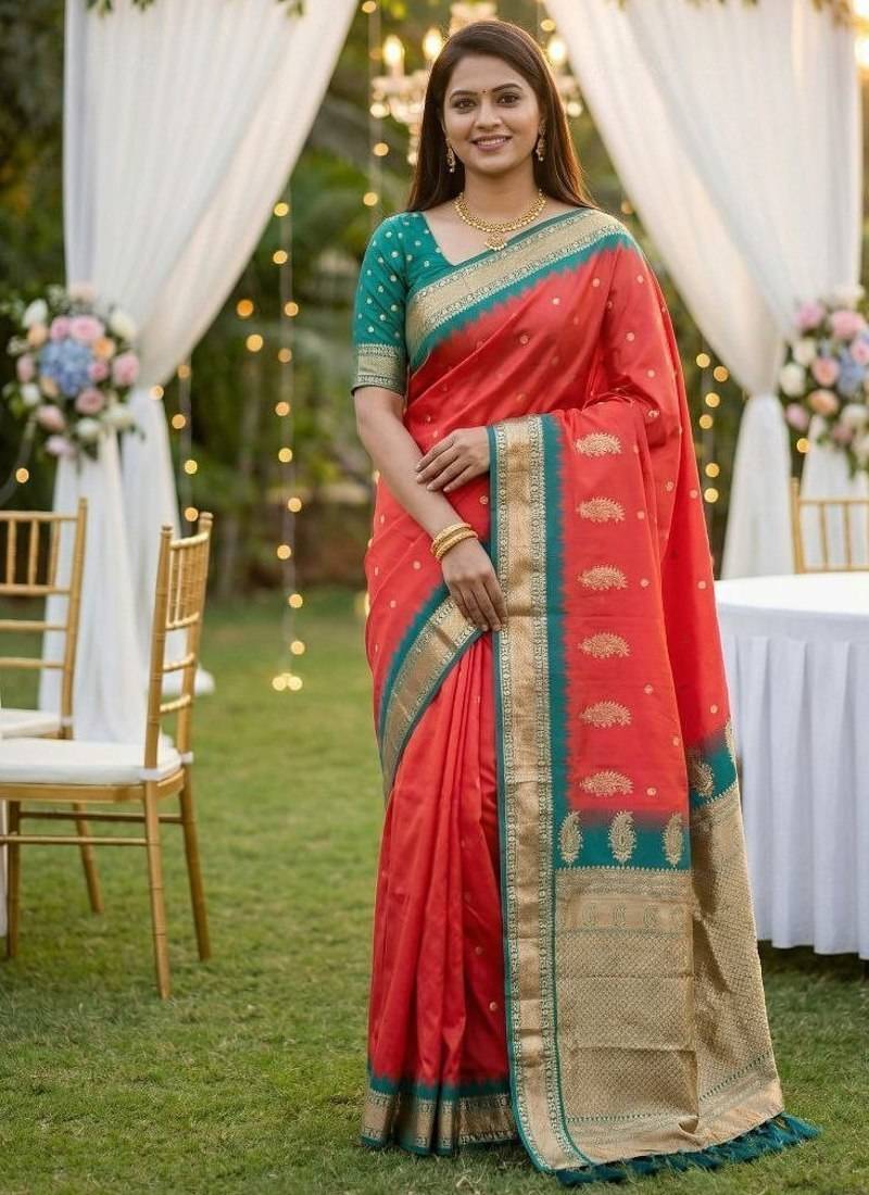 Peach soft silk blend saree with zari weaving meenakari design