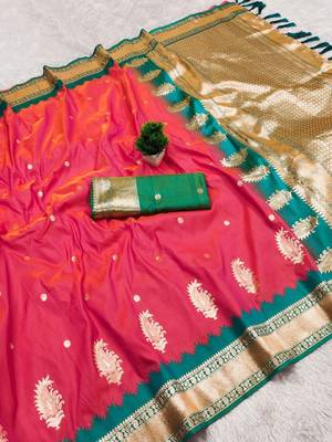 Peach soft silk blend saree with zari weaving meenakari design 2
