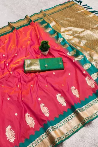 Peach soft silk blend saree with zari weaving meenakari design