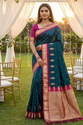Teal soft silk blend saree with zari weaving meenakari design