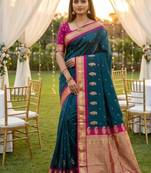 Teal soft silk blend saree with zari weaving meenakari design