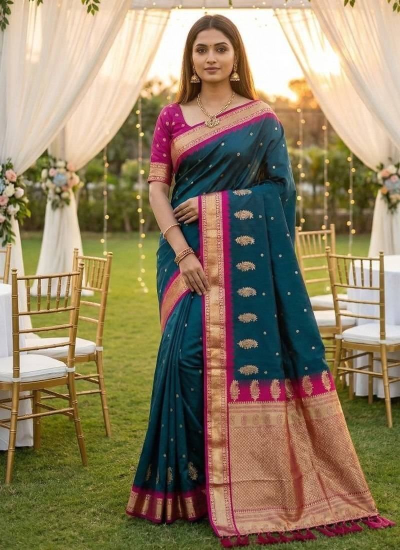 Teal soft silk blend saree with zari weaving meenakari design