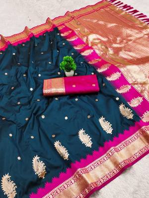 Teal soft silk blend saree with zari weaving meenakari design 2