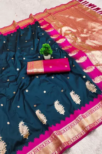 Teal soft silk blend saree with zari weaving meenakari design