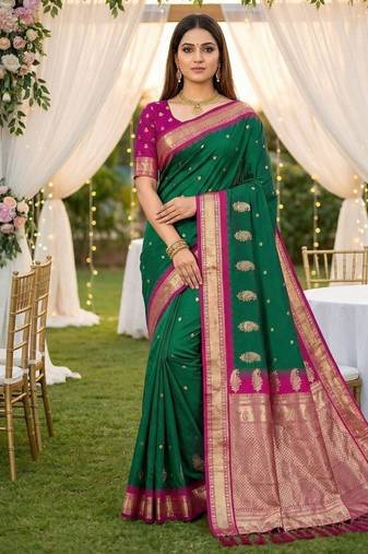Sea green soft silk blend saree with zari weaving meenakari design