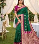 Sea green soft silk blend saree with zari weaving meenakari design