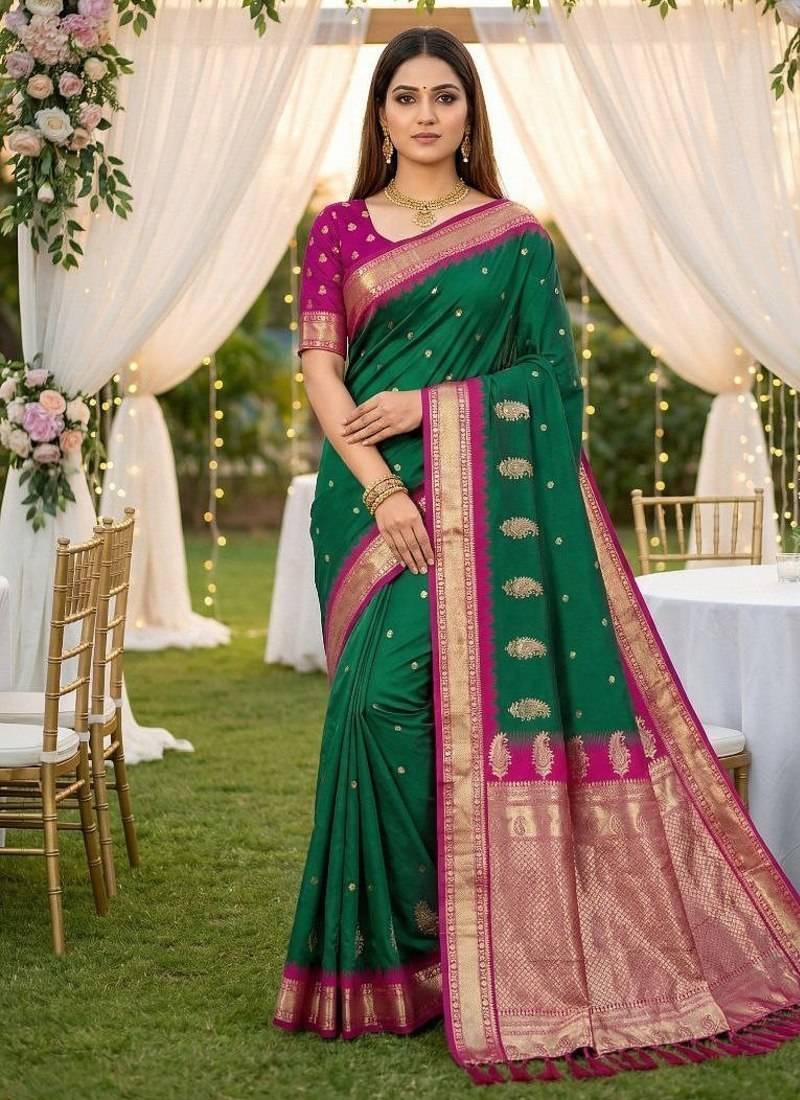 Sea green soft silk blend saree with zari weaving meenakari design