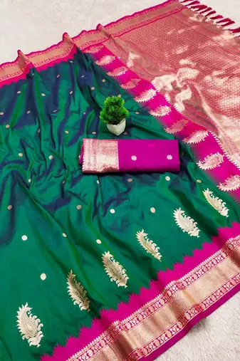 Sea green soft silk blend saree with zari weaving meenakari design