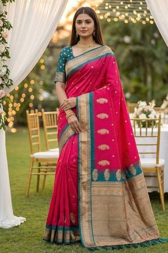 Pink soft silk blend saree with zari weaving meenakari design