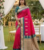 Pink soft silk blend saree with zari weaving meenakari design