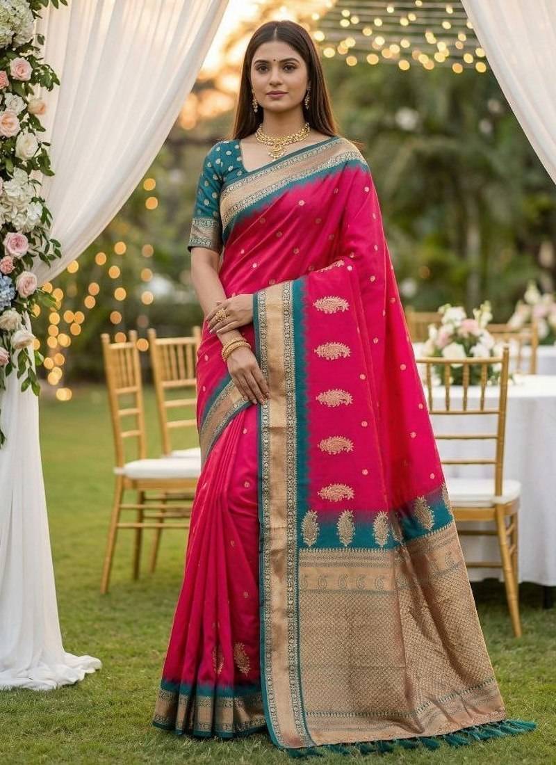 Pink soft silk blend saree with zari weaving meenakari design