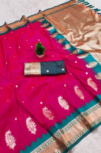 Pink soft silk blend saree with zari weaving meenakari design