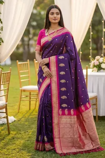 Violet soft silk blend saree with zari weaving meenakari design