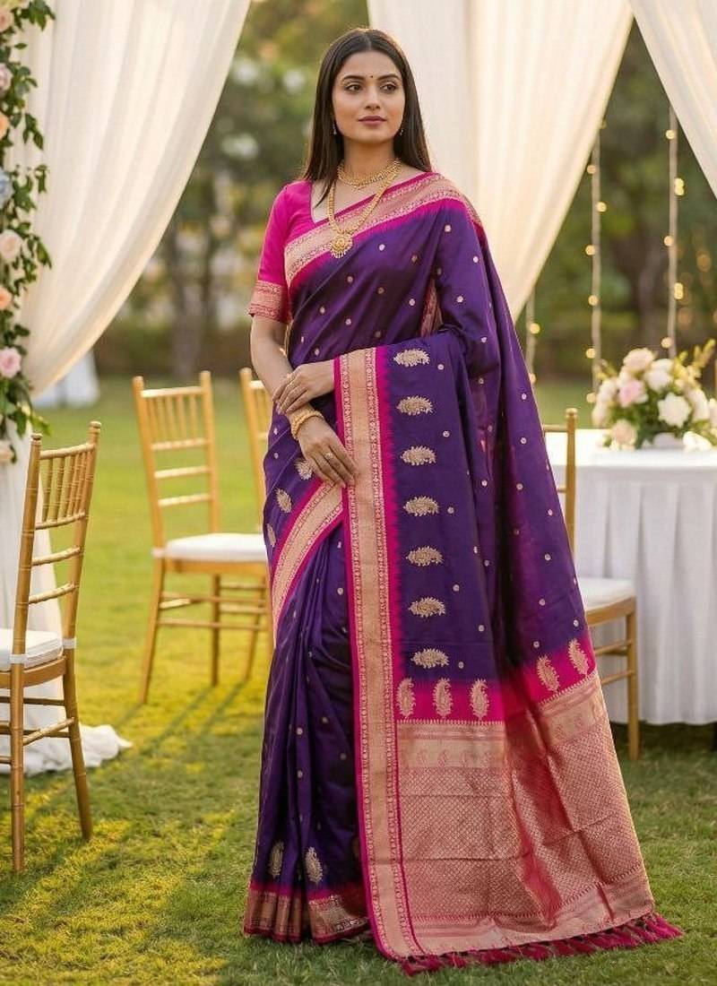 Violet soft silk blend saree with zari weaving meenakari design