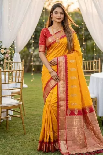 Yellow soft silk blend saree with zari weaving meenakari design