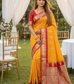 Yellow soft silk blend saree with zari weaving meenakari design