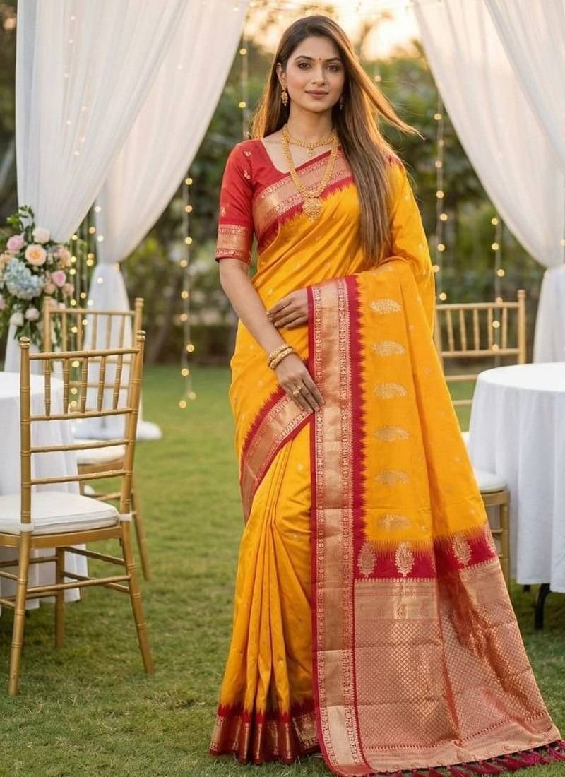 Yellow soft silk blend saree with zari weaving meenakari design