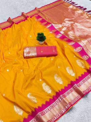 Yellow soft silk blend saree with zari weaving meenakari design 2
