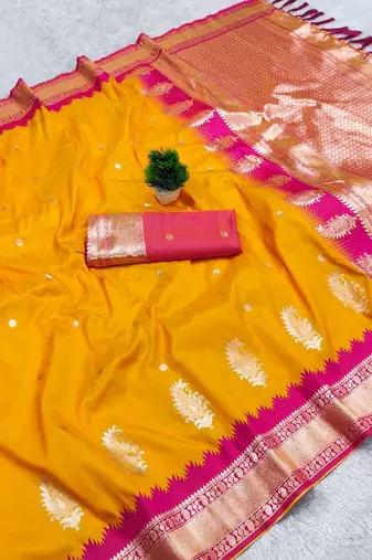 Yellow soft silk blend saree with zari weaving meenakari design
