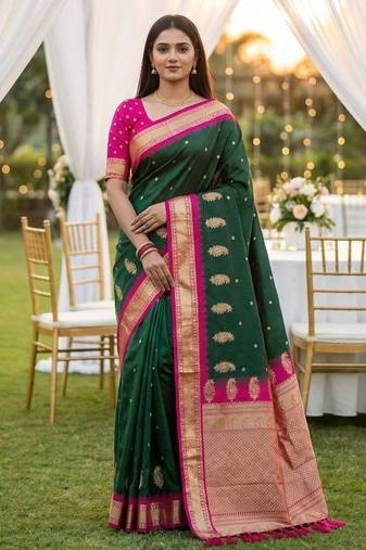 Green soft silk blend saree with zari weaving meenakari design