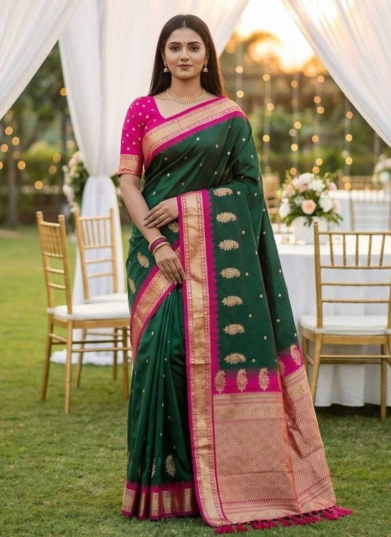 Green soft silk blend saree with zari weaving meenakari design