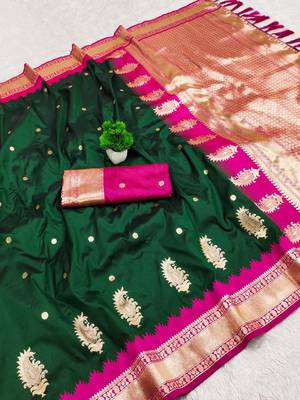 Green soft silk blend saree with zari weaving meenakari design 2