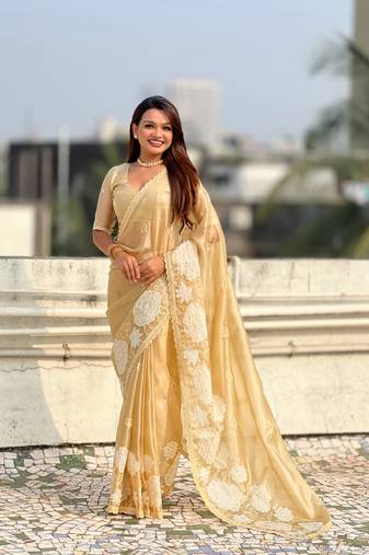 Light golden thread embroidery floral work organza    elegant party wear style  designer saree  with blouse piece
