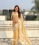 Light golden thread embroidery floral work organza    elegant party wear style  designer saree  with blouse piece