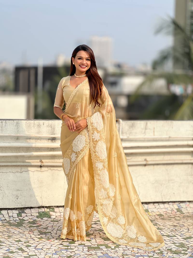 Light golden thread embroidery floral work organza    elegant party wear style  designer saree  with blouse piece
