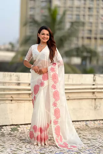 White thread embroidery floral work organza    elegant party wear style  designer saree  with blouse piece
