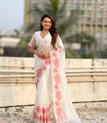 White thread embroidery floral work organza    elegant party wear style  designer saree  with blouse piece
