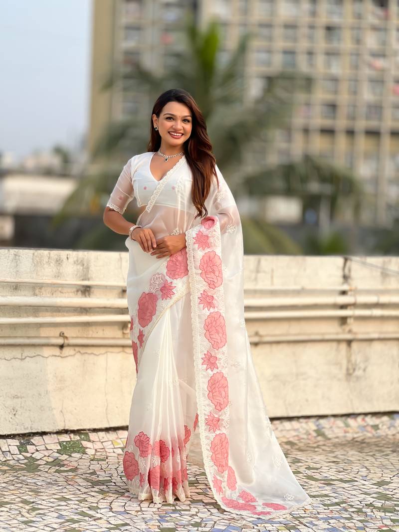 White thread embroidery floral work organza    elegant party wear style  designer saree  with blouse piece
