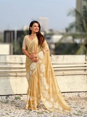 Light golden thread embroidery floral work organza    elegant party wear style  designer saree  with blouse piece 2