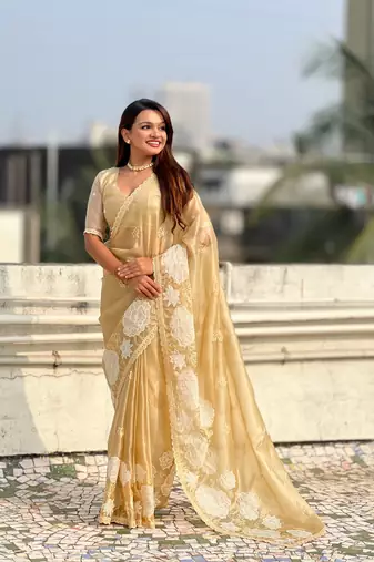 Light golden thread embroidery floral work organza    elegant party wear style  designer saree  with blouse piece