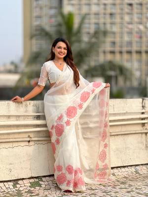 White thread embroidery floral work organza    elegant party wear style  designer saree  with blouse piece 2