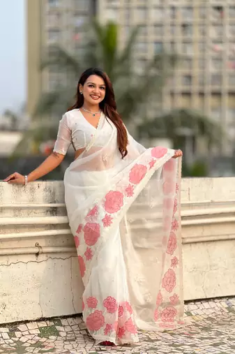 White thread embroidery floral work organza    elegant party wear style  designer saree  with blouse piece