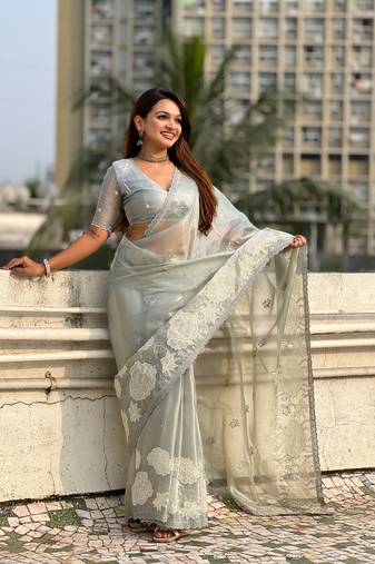 Grey thread embroidery floral work organza    elegant party wear style  designer saree  with blouse piece