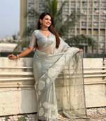 Grey thread embroidery floral work organza    elegant party wear style  designer saree  with blouse piece