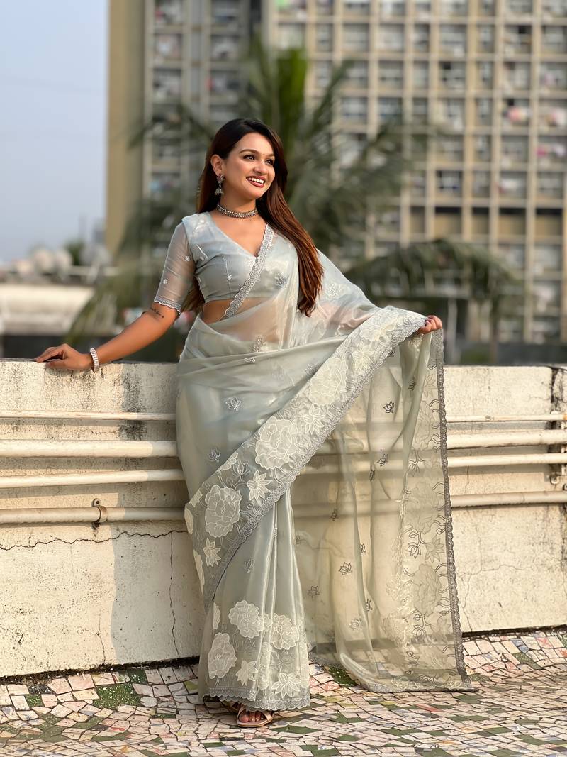 Grey thread embroidery floral work organza    elegant party wear style  designer saree  with blouse piece