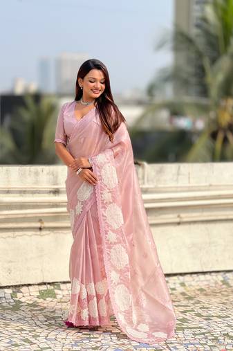 Lavender thread embroidery floral work organza    elegant party wear style  designer saree  with blouse piece