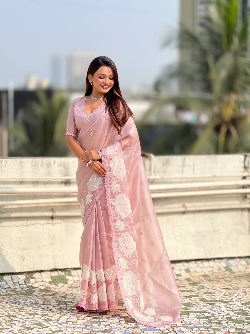 Lavender thread embroidery floral work organza    elegant party wear style  designer saree  with blouse piece