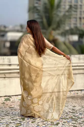 Light golden thread embroidery floral work organza    elegant party wear style  designer saree  with blouse piece