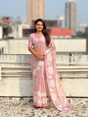 Lavender thread embroidery floral work organza    elegant party wear style  designer saree  with blouse piece 2