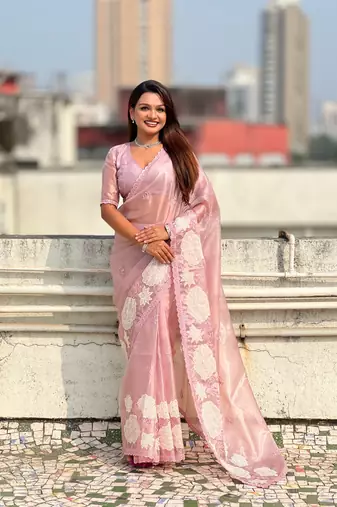 Lavender thread embroidery floral work organza    elegant party wear style  designer saree  with blouse piece