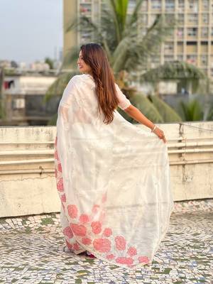 White thread embroidery floral work organza    elegant party wear style  designer saree  with blouse piece 3