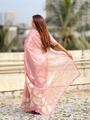 Lavender thread embroidery floral work organza    elegant party wear style  designer saree  with blouse piece 3
