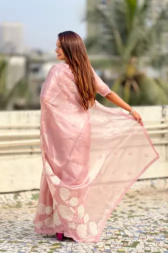 Lavender thread embroidery floral work organza    elegant party wear style  designer saree  with blouse piece