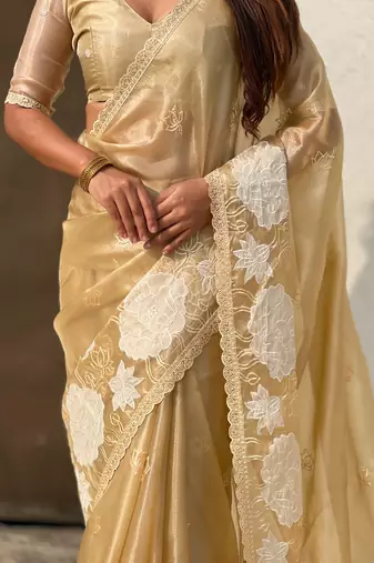 Light golden thread embroidery floral work organza    elegant party wear style  designer saree  with blouse piece