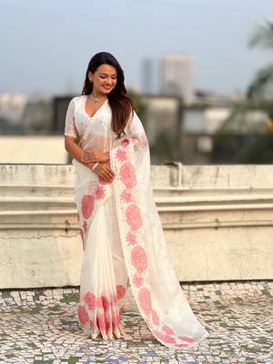 White thread embroidery floral work organza    elegant party wear style  designer saree  with blouse piece 4