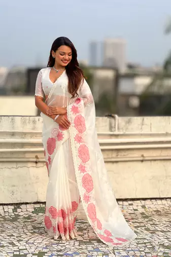 White thread embroidery floral work organza    elegant party wear style  designer saree  with blouse piece